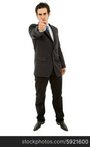 young business man in a suit pointing with his finger