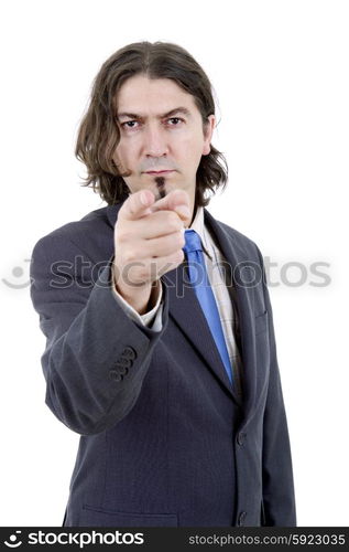 young business man in a suit pointing with his finger