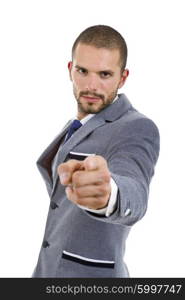 young business man in a suit pointing with his finger