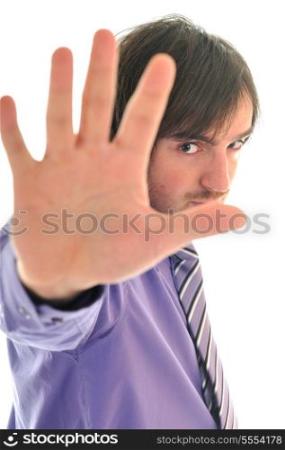 young business man in pink hand stop