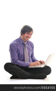 young business man in pink work on laptop isolated