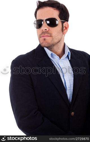 Young business man looking right wearing his sunglasses on a white background