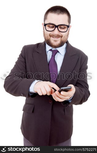 young business man looking to his phone, isolated