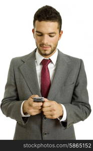 young business man looking to his phone, isolated