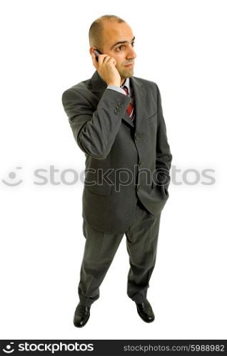 young business man looking with his phone, isolated