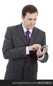 young business man looking worried to his phone, isolated