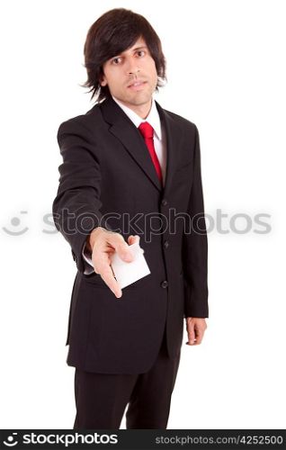 Young business man offering greeting card