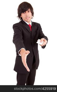 Young business man offering greeting card