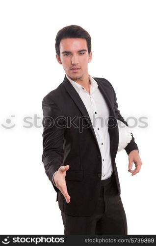 Young business man offering handshake, isolated over white