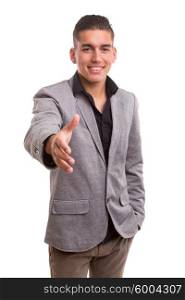 Young business man offering handshake, isolated over white