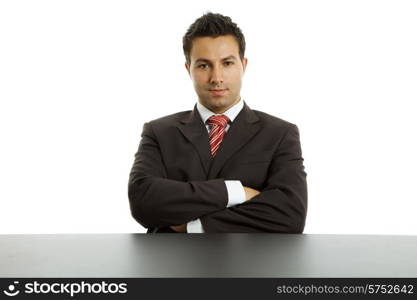 young business man on a desk, isolated on white