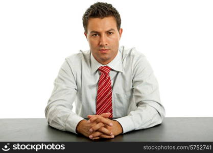 young business man on a desk, isolated on white