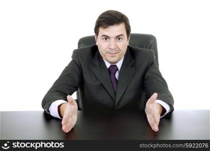 young business man on a desk, isolated on white