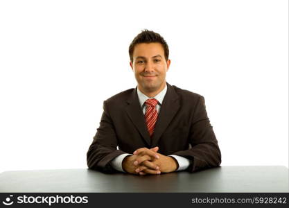 young business man on a desk, isolated on white