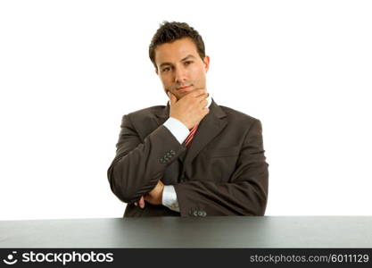 young business man on a desk, isolated on white