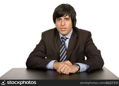 young business man on a desk, isolated on white