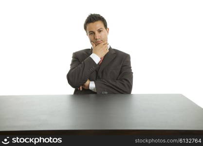 young business man on a desk, isolated on white