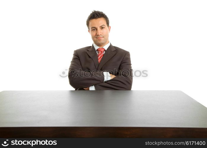 young business man on a desk, isolated on white