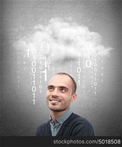 Young business man or system administrator under cloud with digital rain. Cloud technology concept