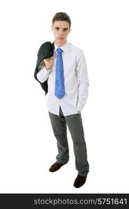 young business man pensive, full length, isolated