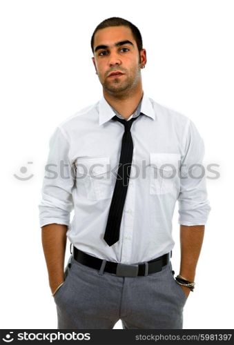 young business man pensive, on a white background
