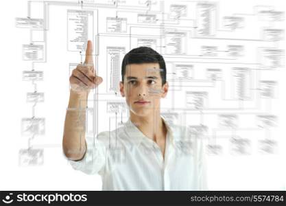 young business man planing and solving problems with illustrated graph disply screen for database and statistycs