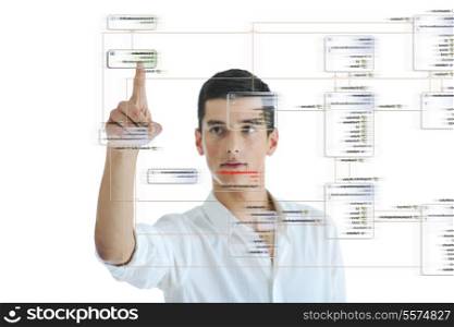 young business man planing and solving problems with illustrated graph disply screen for database and statistycs