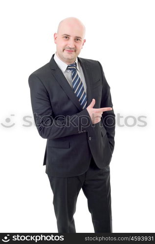 young business man pointing, isolated on white