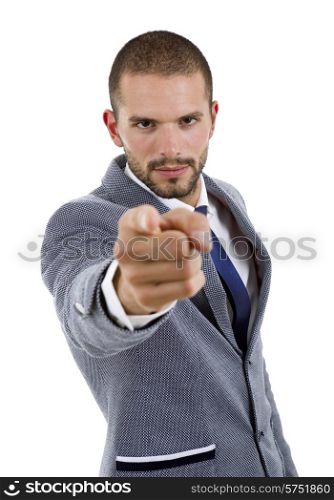 young business man pointing isolated on white