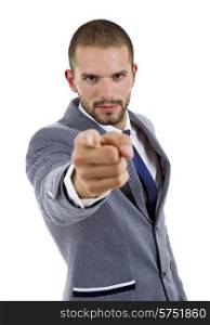 young business man pointing isolated on white