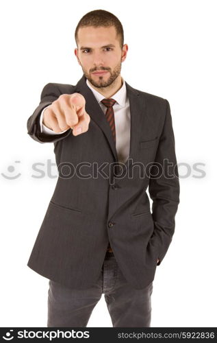 young business man pointing, isolated on white