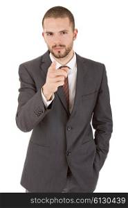 young business man pointing, isolated on white