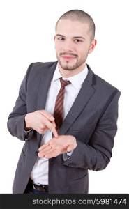 young business man pointing to his hand, isolated on white