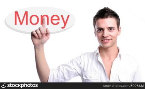Young business man presses key, isolated over white