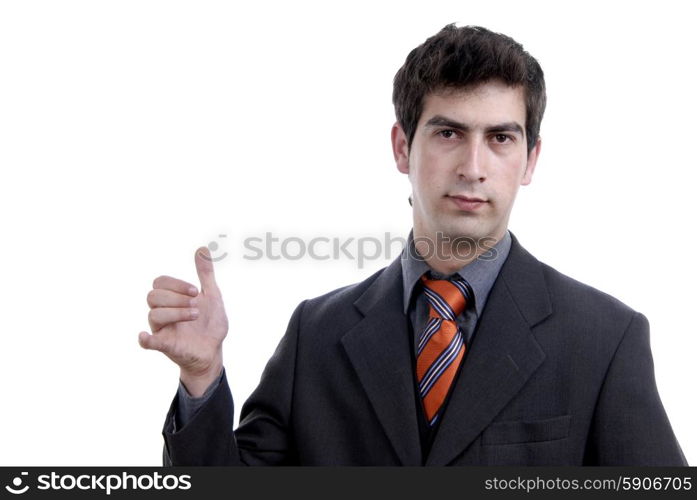 Young business man showing thumb up isolated