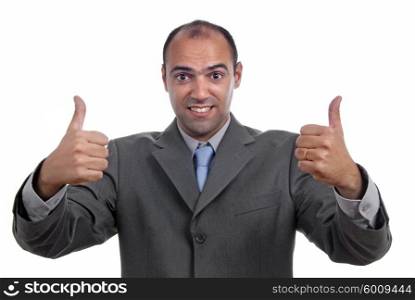 Young business man showing thumb up isolated