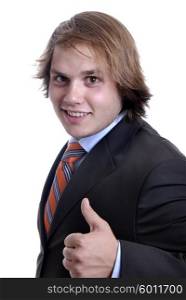 Young business man showing thumb up isolated