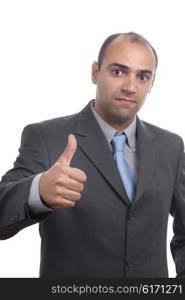 Young business man showing thumb up isolated