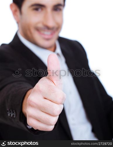 Young business man showing Thumbs up gesture