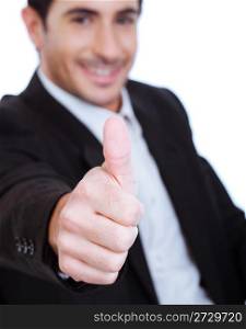 Young business man showing Thumbs up gesture