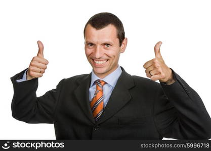 Young business man showing thumbs up isolated