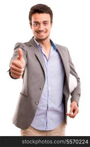 Young Business man signaling ok, isolated over a white background