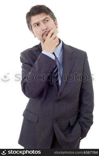 young business man thinking, isolated on white