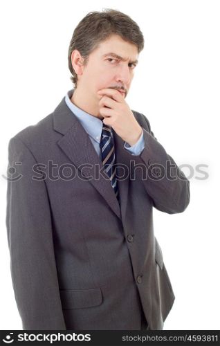 young business man thinking, isolated on white