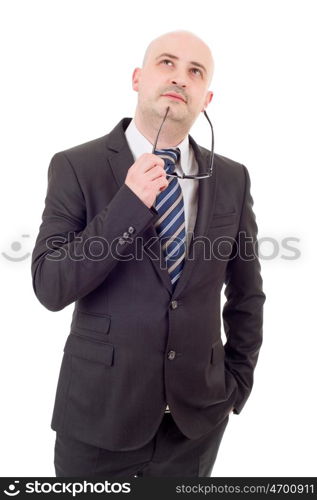 young business man thinking, isolated on white