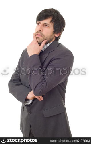 young business man thinking, isolated on white