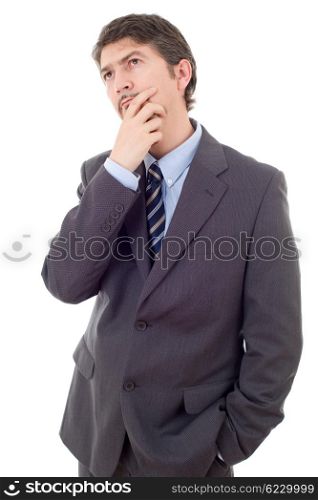 young business man thinking isolated on white