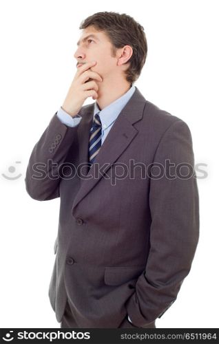 young business man thinking, isolated on white. businessman thinking
