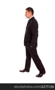 Young business man walking, isolated over white