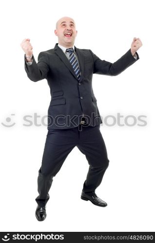 young business man winning, full length, isolated on white